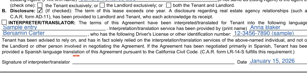 California month-to-month lease agreement: B. Disclosure, filled with sample entries