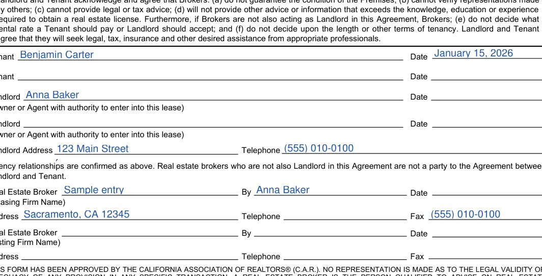 California month-to-month lease agreement: Date, Tenant and more, filled with sample entries