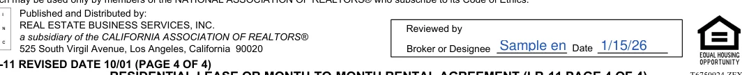 California month-to-month lease agreement: REAL ESTATE BUSINESS SERVICES, INC, filled with sample entries