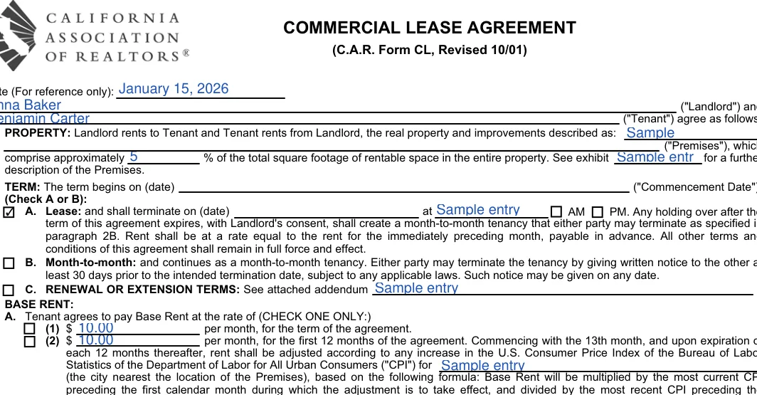 California commercial lease agreement: COMMERCIAL LEASE AGREEMENT, filled with sample entries