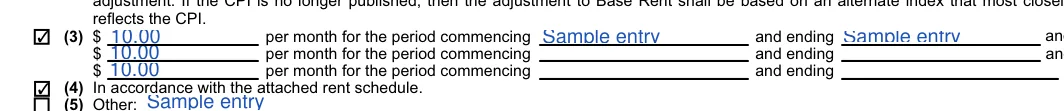 California commercial lease agreement: (3) $, filled with sample entries