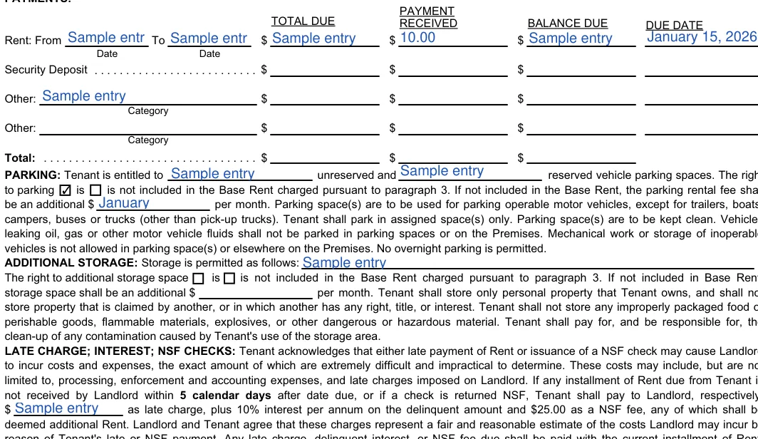 California commercial lease agreement: DUE DATE, filled with sample entries