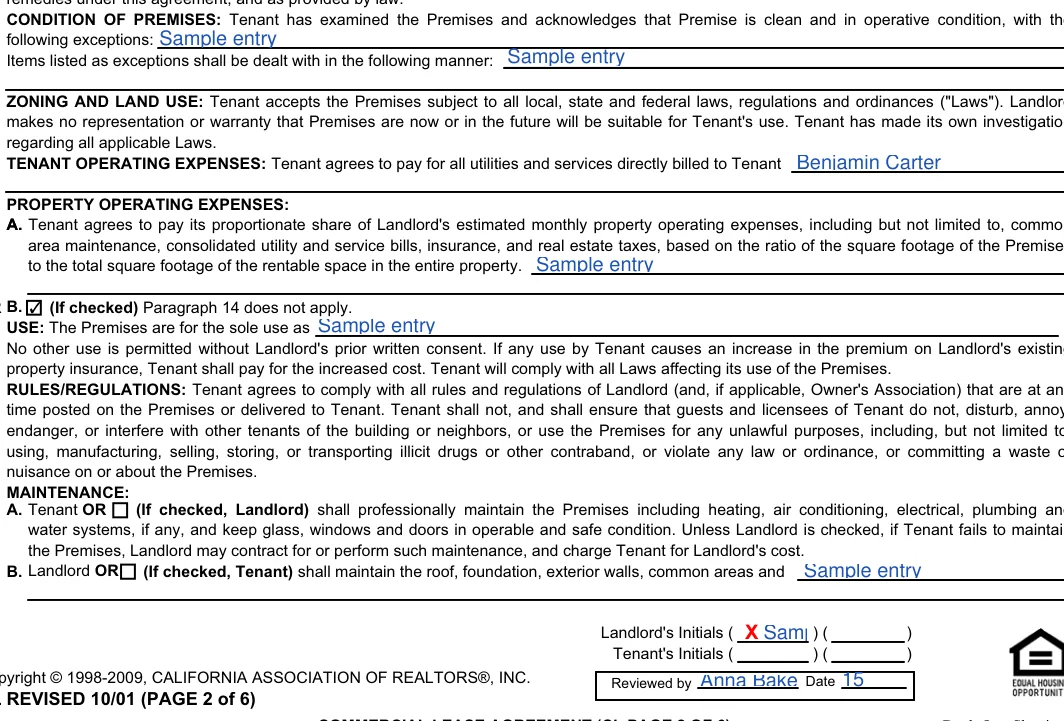 California commercial lease agreement: 14. PROPERTY OPERATING EXPENSES, filled with sample entries