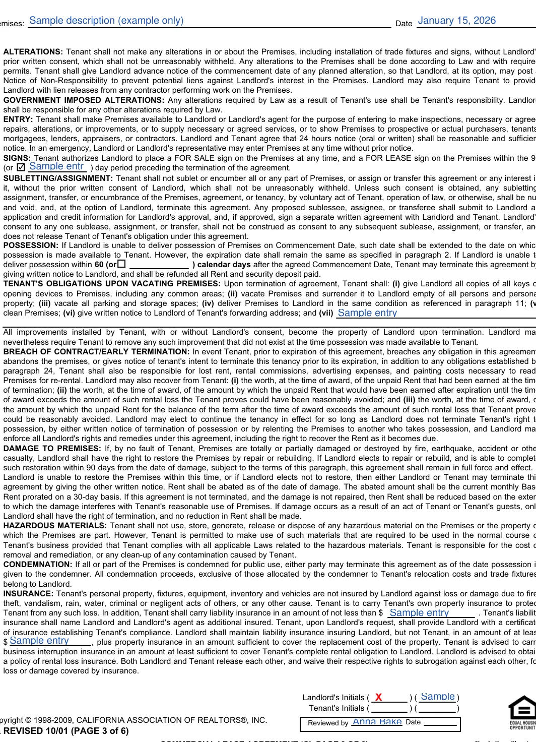 California commercial lease agreement: Premises, Date, filled with sample entries