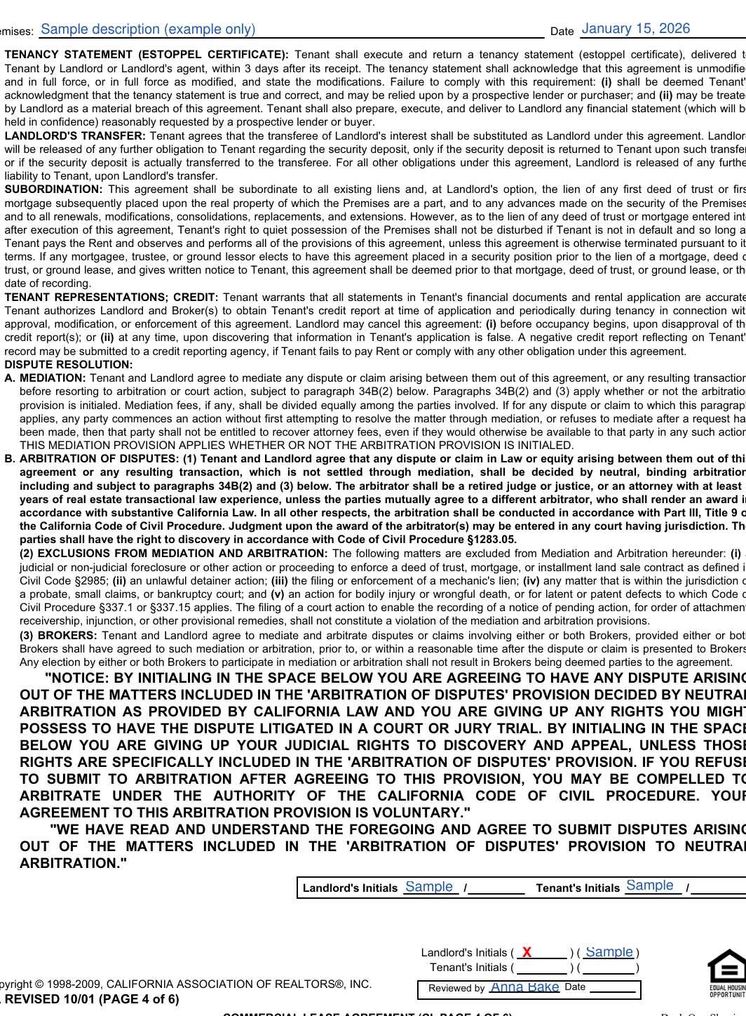 California commercial lease agreement: ARBITRATION.