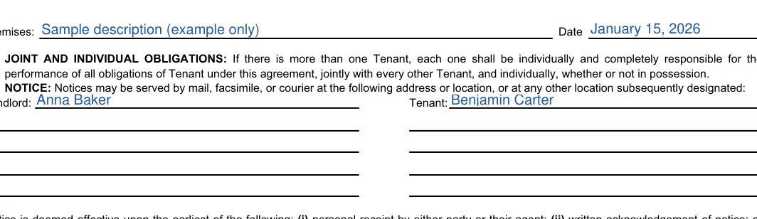 California commercial lease agreement: Date, Premises and more, filled with sample entries