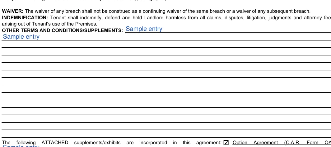 California commercial lease agreement: 39, filled with sample entries