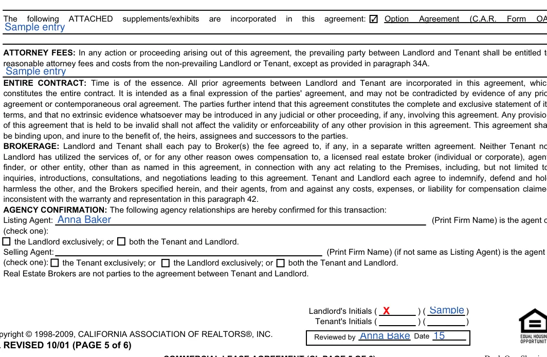California commercial lease agreement: (C.A.R, filled with sample entries