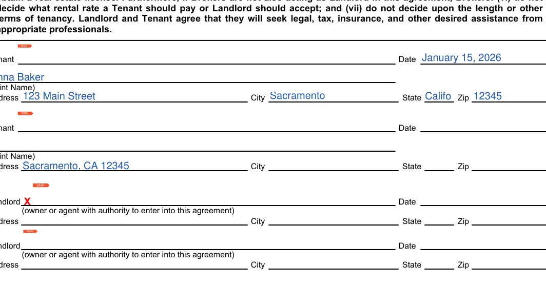 California commercial lease agreement: Signature, Date and more, filled with sample entries