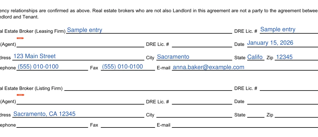 California commercial lease agreement: Dre, Broker and more, filled with sample entries