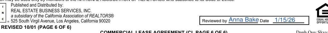 California commercial lease agreement: REAL ESTATE BUSINESS SERVICES, INC, filled with sample entries