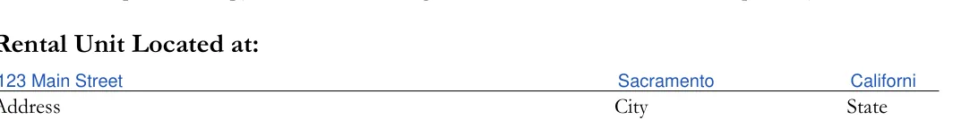 California roommate agreement: Rental Unit Located at, filled with sample entries