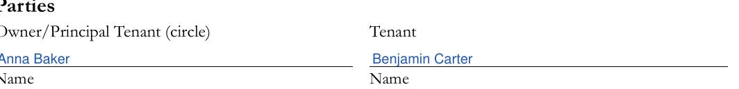California roommate agreement: Name, Other tenant, filled with sample entries