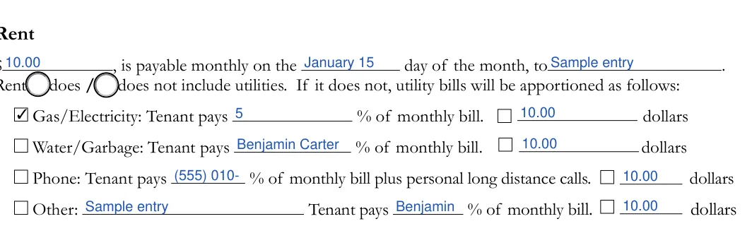 California roommate agreement: Rent amount, Date due and more, filled with sample entries
