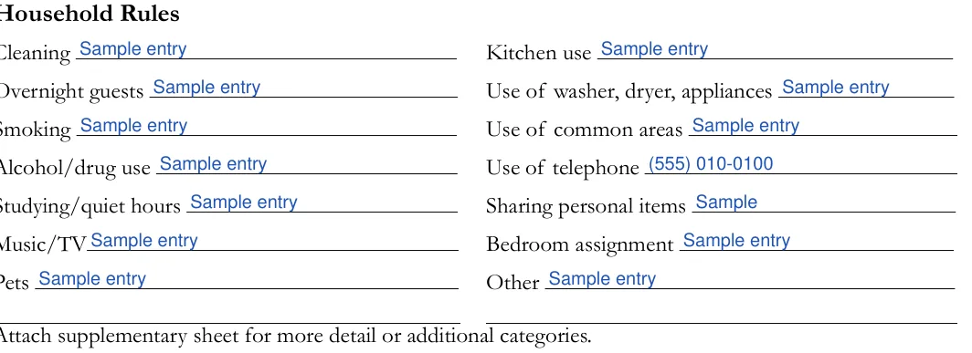 California roommate agreement: Kitchen use, Cleaning and more, filled with sample entries