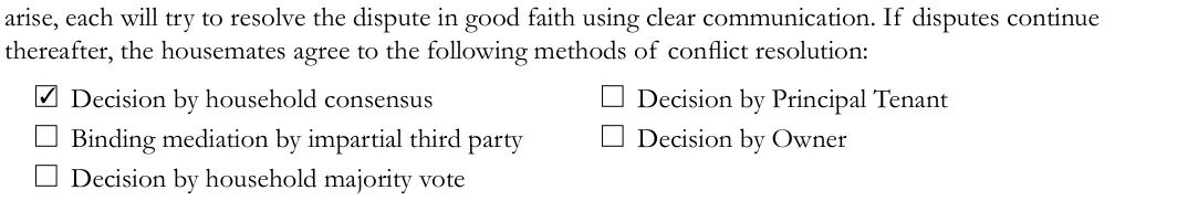 California roommate agreement: Decision by household consensus, Decision by principal tenant and more, filled with sample entries