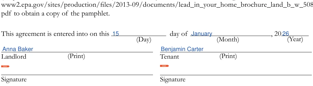California roommate agreement: Day, Month and more, filled with sample entries