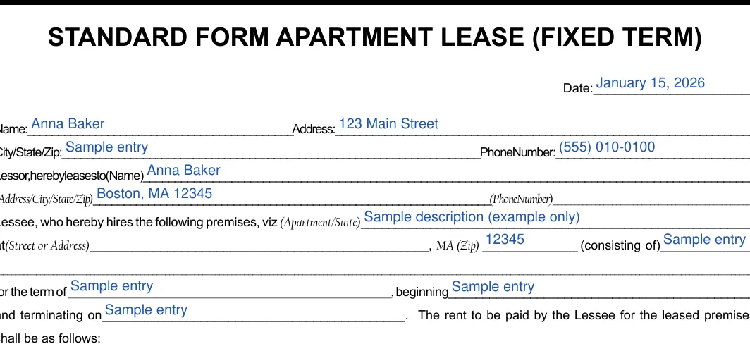Massachusetts Greater Boston residential lease agreement: STANDARD FORM APARTMENT LEASE (FIXED TERM), filled with sample entries