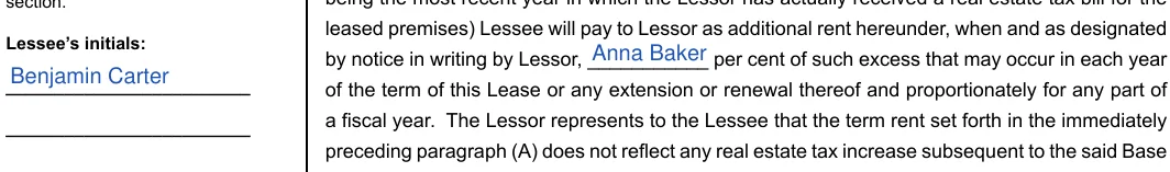 Massachusetts Greater Boston residential lease agreement: Lessee’s initials, filled with sample entries