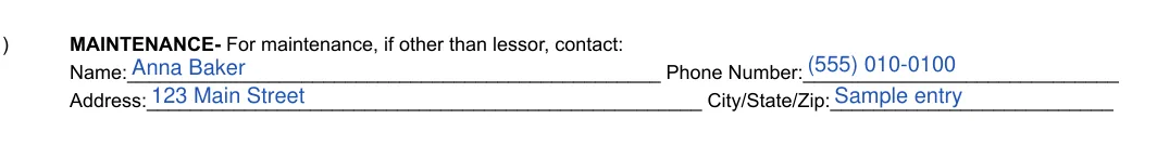 Massachusetts Greater Boston residential lease agreement: MAINTENANCE- For maintenance, if other than lessor, contact, filled with sample entries