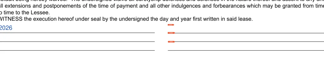 Massachusetts Greater Boston residential lease agreement: Witness the execution hereof under seal by the undersigned the day and year first written in said lease, Signature, filled with sample entries