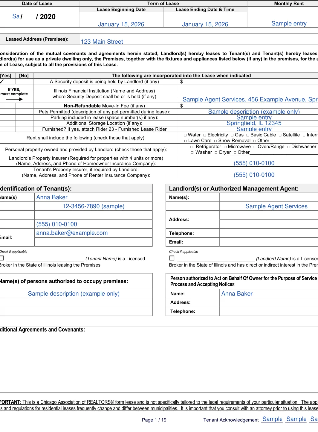 Illinois Chicago residential lease agreement: Parking included in lease (space number(s) if any), filled with sample entries