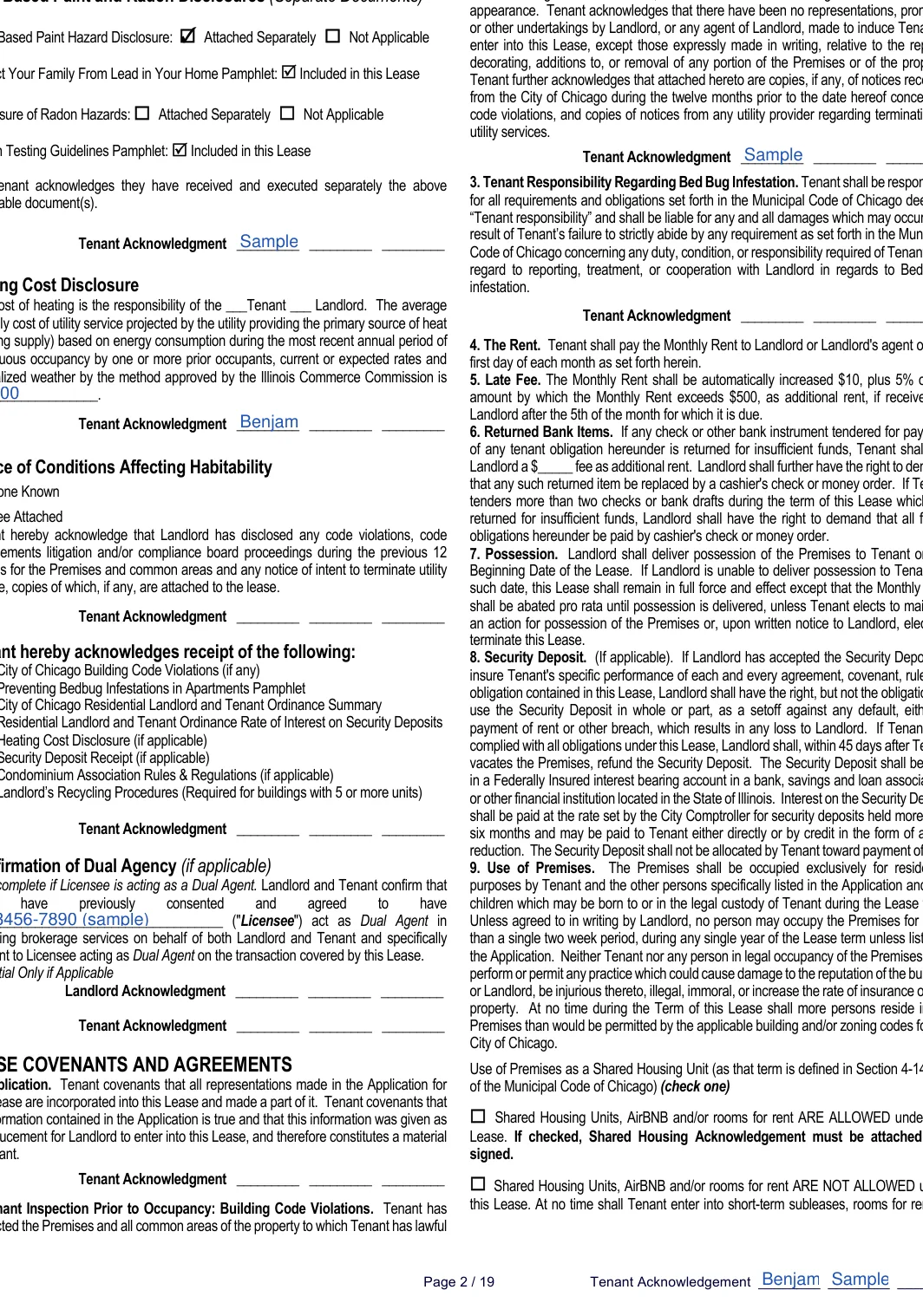 Illinois Chicago residential lease agreement: Tenant hereby acknowledges receipt of the following, filled with sample entries