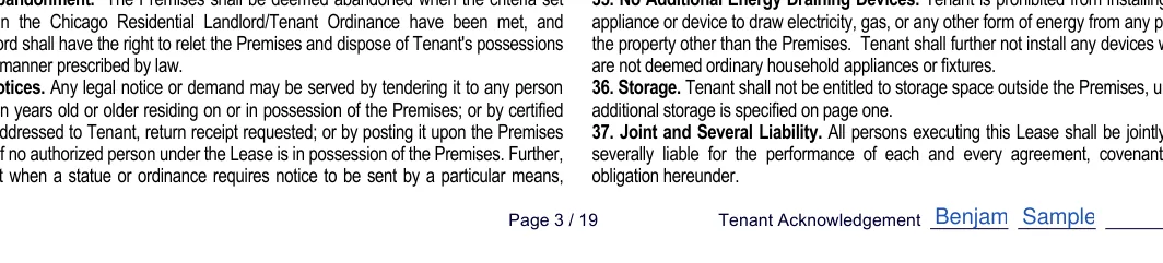 Illinois Chicago residential lease agreement: Tenant acknowledgement, Acknowledgement, filled with sample entries