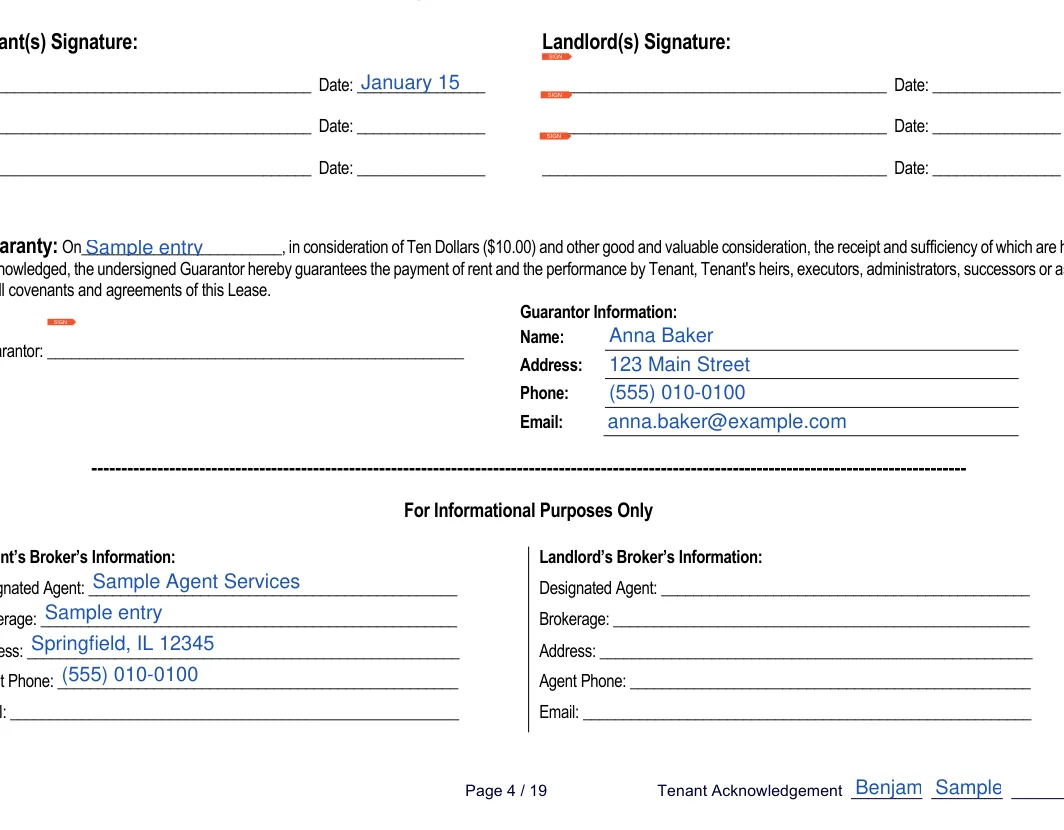 Illinois Chicago residential lease agreement: Landlord(s) Signature, filled with sample entries