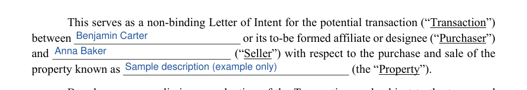 Letter of Intent (LOI): Purchaser name, Seller name and more, filled with sample entries
