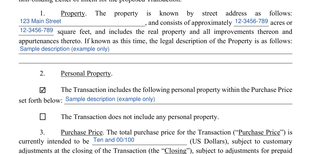 Letter of Intent (LOI): follows, filled with sample entries