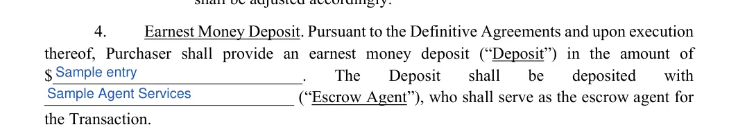 Letter of Intent (LOI): Money deposit, Escrow agent, filled with sample entries