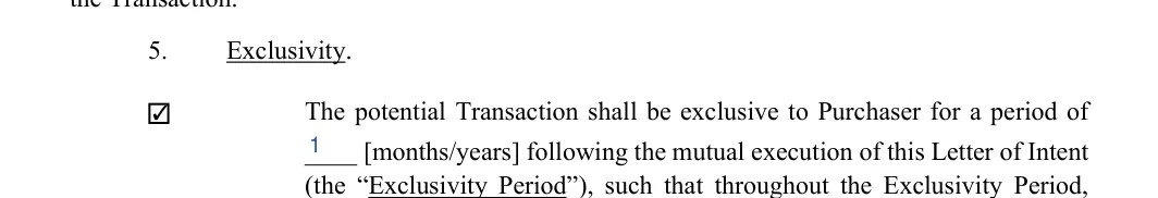 Letter of Intent (LOI): Check, Exclusivity period, filled with sample entries