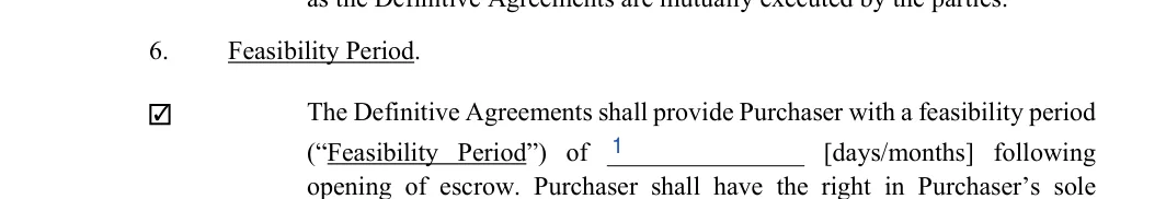 Letter of Intent (LOI): Check, Feasibility period, filled with sample entries