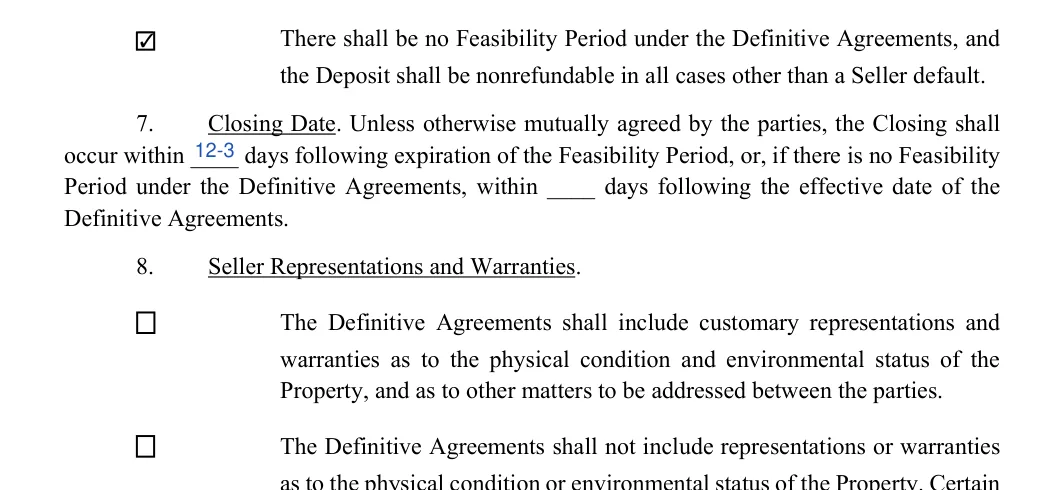Letter of Intent (LOI): Check, Number of days, filled with sample entries
