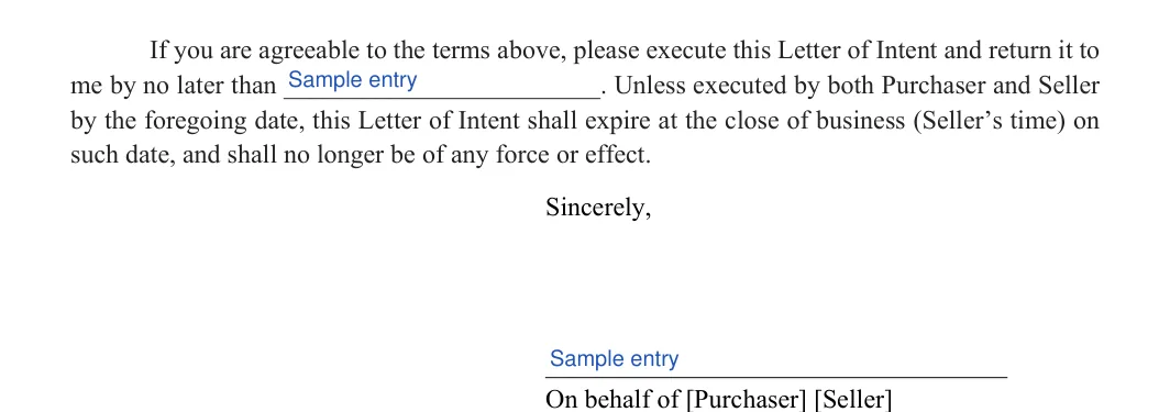 Letter of Intent (LOI): No later than, filled with sample entries