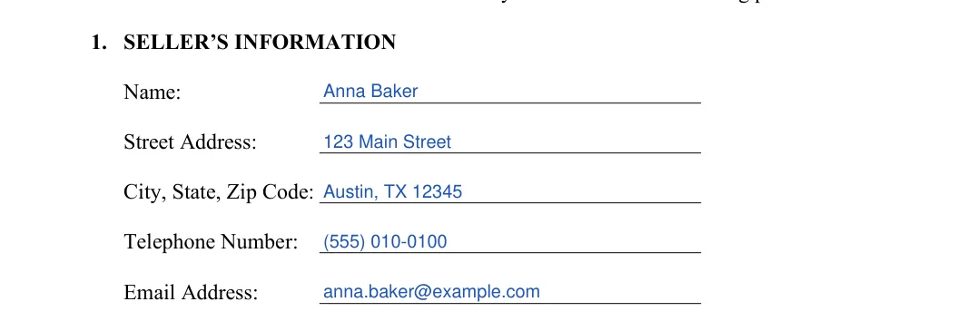 Artwork Bill of Sale: 1. SELLER’S INFORMATION, filled with sample entries