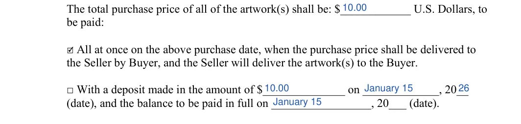 Artwork Bill of Sale: be paid, filled with sample entries