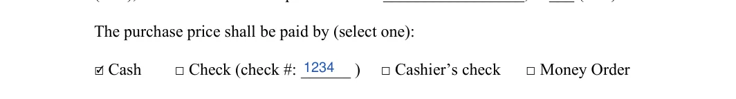 Artwork Bill of Sale: The purchase price shall be paid by (select one), filled with sample entries