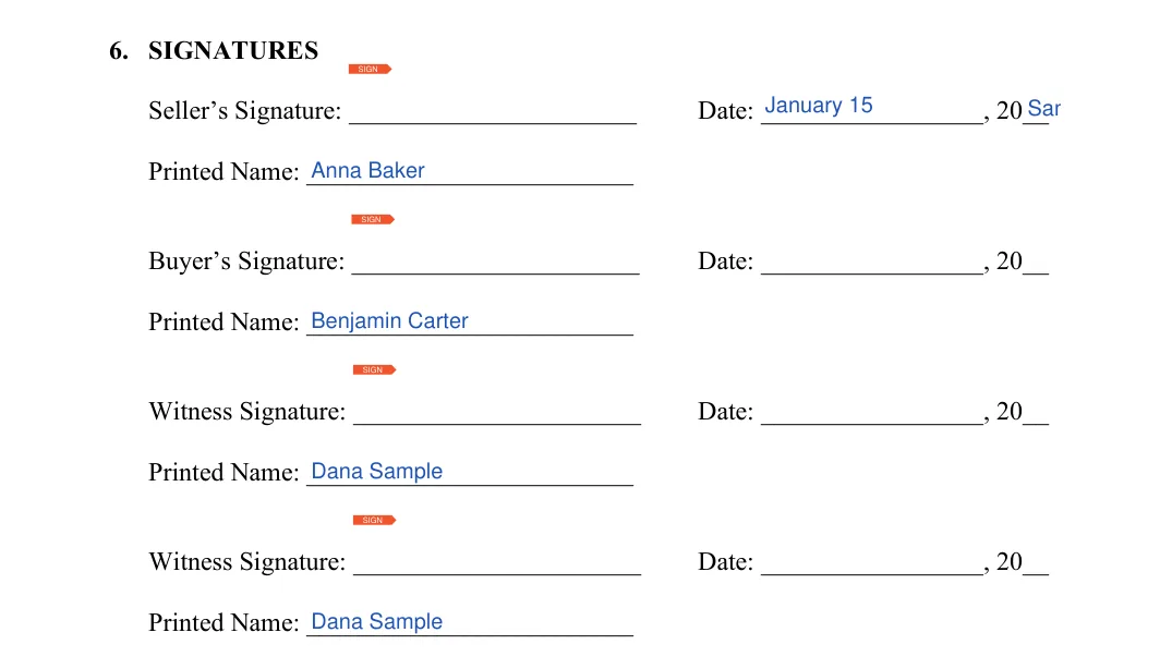 Artwork Bill of Sale: 6. SIGNATURES, filled with sample entries