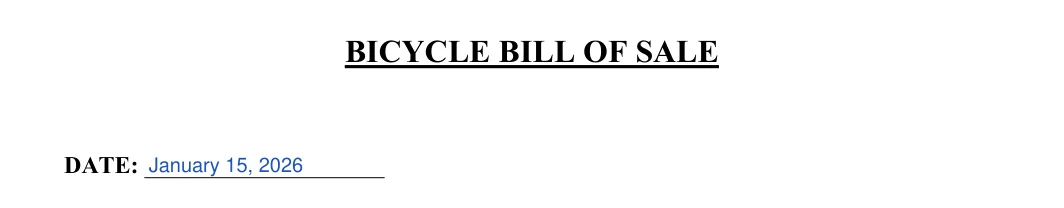 Bicycle Bill of Sale: BICYCLE BILL OF SALE, filled with sample entries