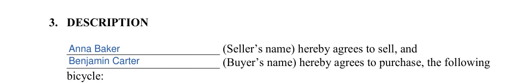 Bicycle Bill of Sale: 3. DESCRIPTION, filled with sample entries