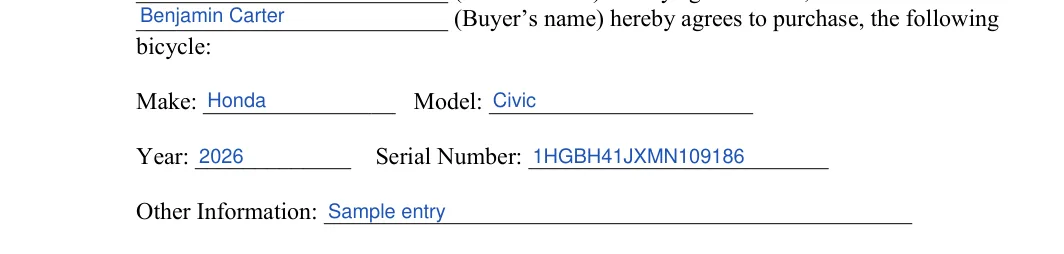 Bicycle Bill of Sale: bicycle, filled with sample entries