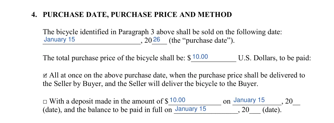 Bicycle Bill of Sale: PURCHASE DATE, PURCHASE PRICE AND METHOD, filled with sample entries