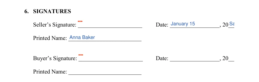 Bicycle Bill of Sale: SIGNATURES, filled with sample entries