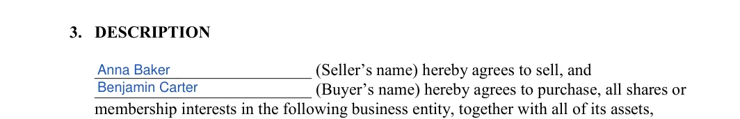 Business Bill of Sale: 3. DESCRIPTION, filled with sample entries