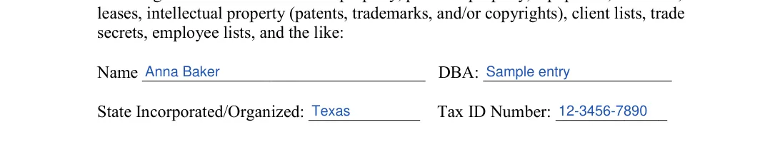 Business Bill of Sale: secrets, employee lists, and the like, filled with sample entries
