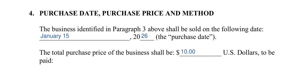 Business Bill of Sale: PURCHASE DATE, PURCHASE PRICE AND METHOD, filled with sample entries