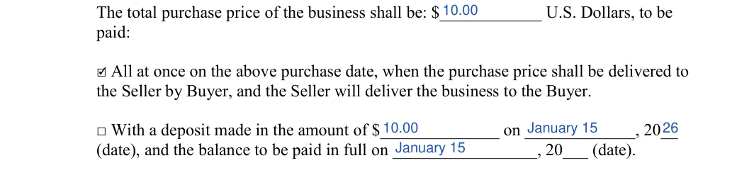 Business Bill of Sale: paid, filled with sample entries