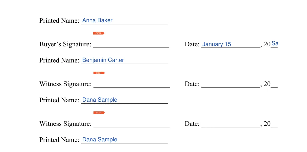 Business Bill of Sale: Seller's name, Buyer's signature and more, filled with sample entries